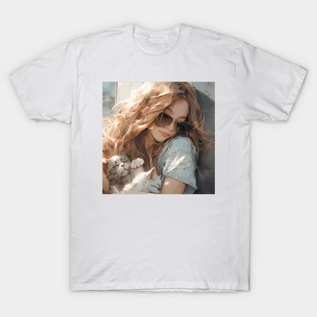 Girl sleeping with cats T-Shirt by etherElric